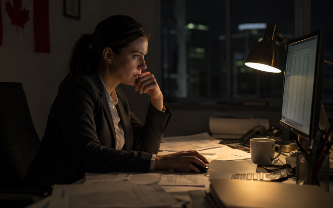 Bureau de PME en soirée, employée seule analysant des données financières, illustration de la fraude interne